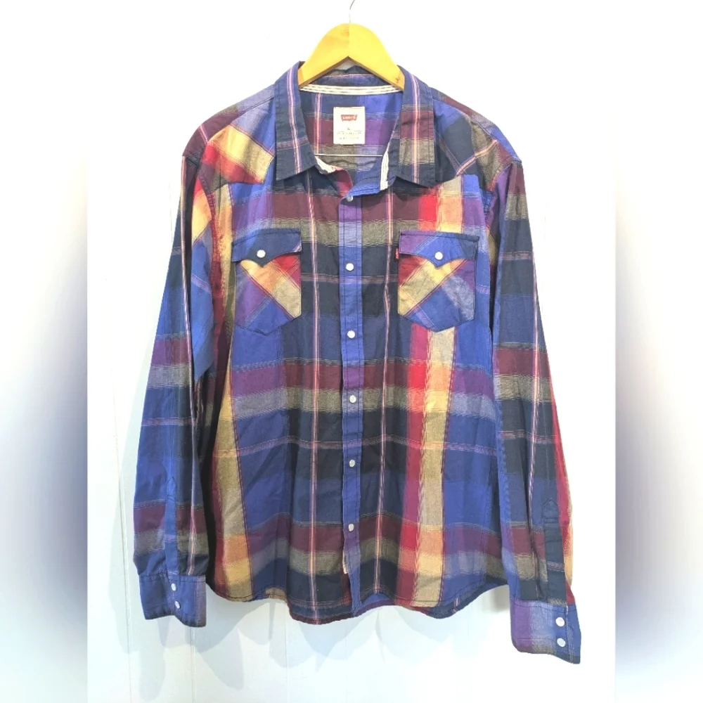 Levis Pearlsnap Western Plaid Button‎ Down Shirt Blue Red size XXL Classic